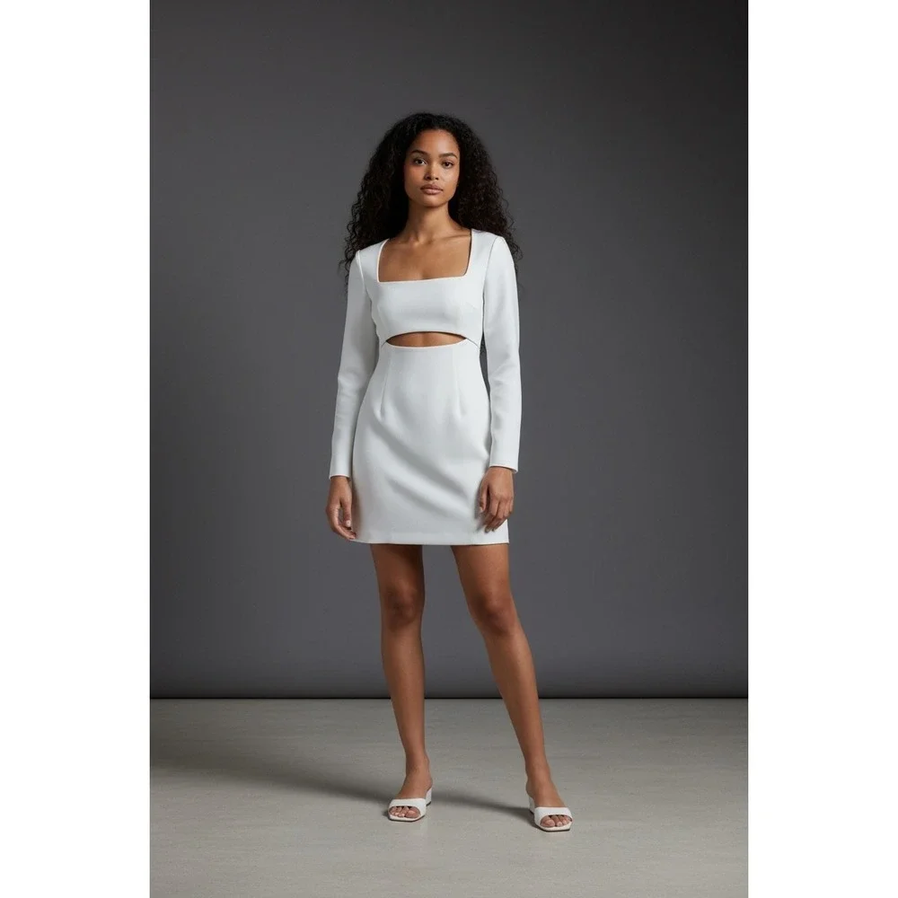 MISHA White Long Sleeve Cutout Square‎ Neck Mini Dress Size US 2